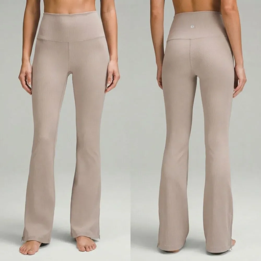 Lululemon Brushed Softstreme Ribbed Zip Hem Flared Pants Taupe Beige 6